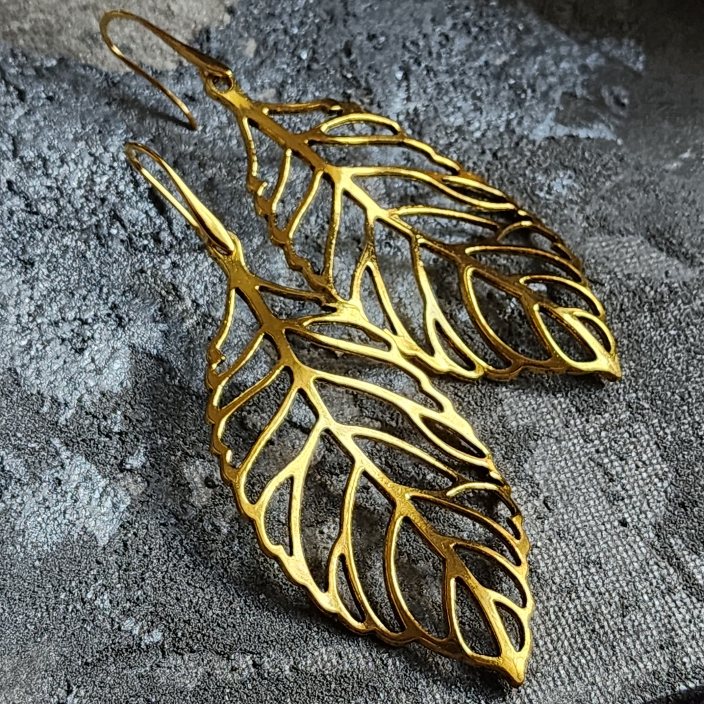 Large Tropical Leaf Gold Earrings Exotic Large Palm Leaf